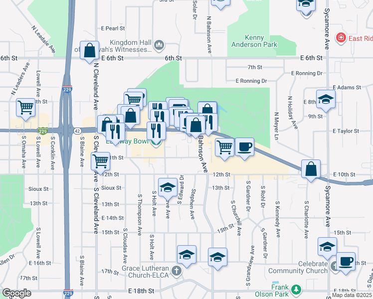 map of restaurants, bars, coffee shops, grocery stores, and more near 3403 East 11th Street in Sioux Falls