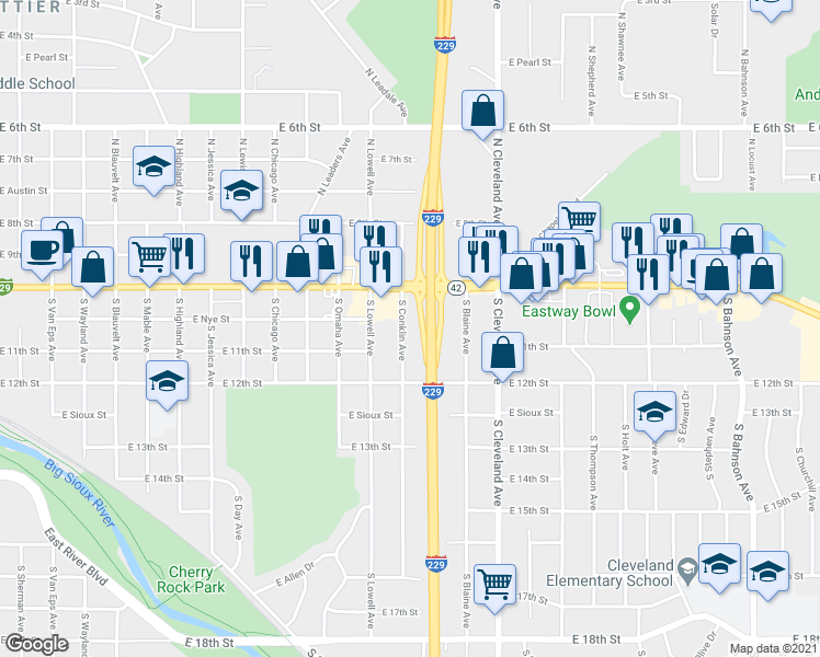 map of restaurants, bars, coffee shops, grocery stores, and more near 312 South Conklin Avenue in Sioux Falls