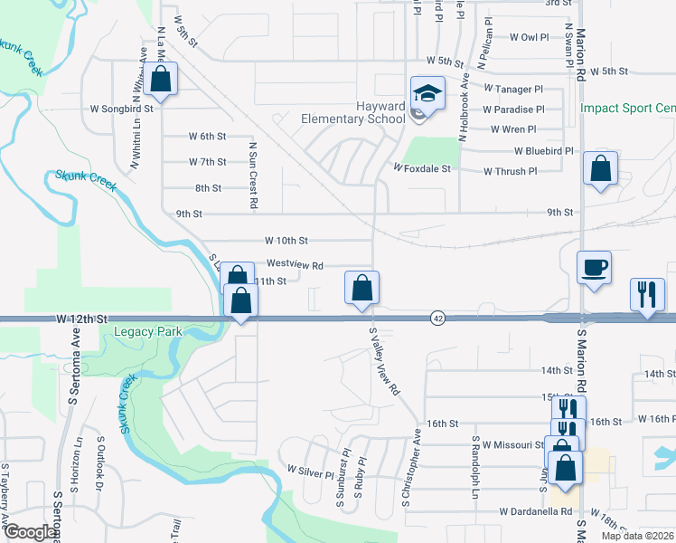 map of restaurants, bars, coffee shops, grocery stores, and more near 6201-6499 Westview Road in Sioux Falls