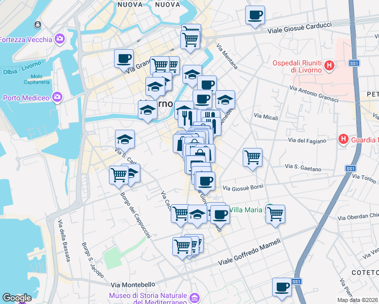 map of restaurants, bars, coffee shops, grocery stores, and more near 4 Via Giovanni Marradi in Livorno