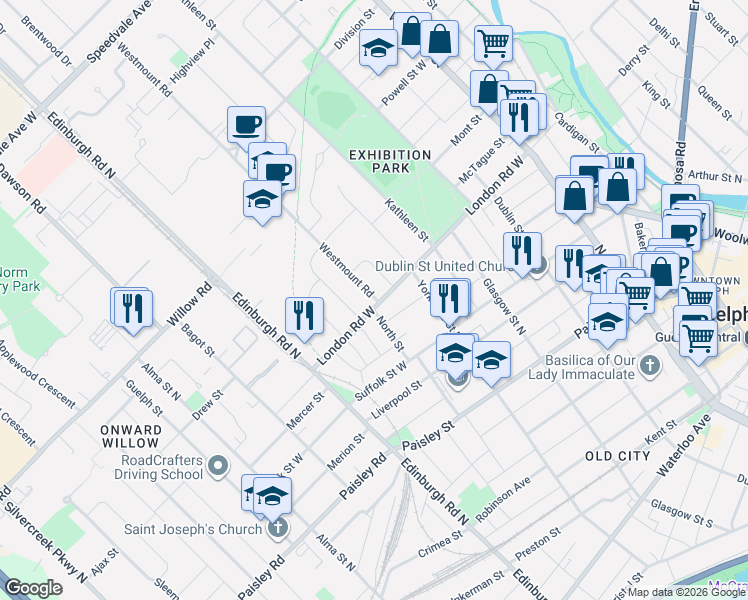map of restaurants, bars, coffee shops, grocery stores, and more near 48 Guelph Street in Halton Hills