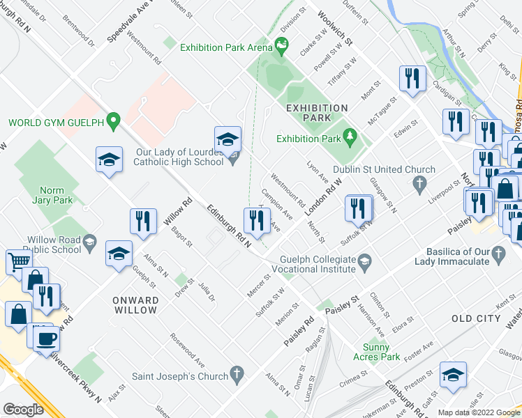 map of restaurants, bars, coffee shops, grocery stores, and more near 15 Hamel Avenue in Guelph