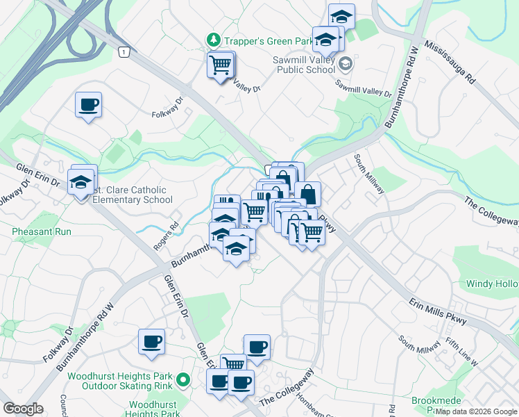 map of restaurants, bars, coffee shops, grocery stores, and more near 2200 Burnhamthorpe Road West in Mississauga