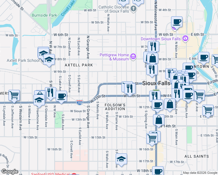 map of restaurants, bars, coffee shops, grocery stores, and more near 818 West 11th Street in Sioux Falls