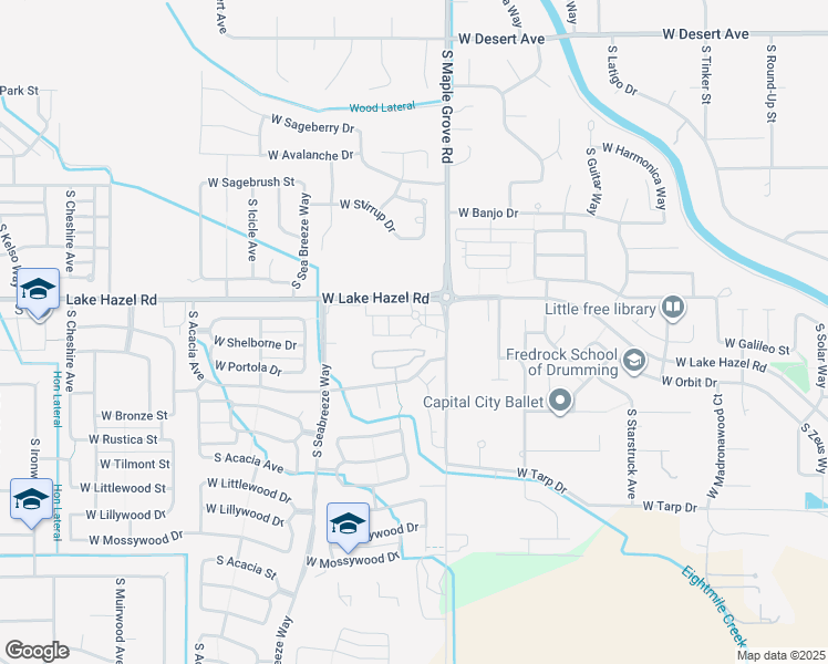 map of restaurants, bars, coffee shops, grocery stores, and more near 9097 West Lake Hazel Road in Boise