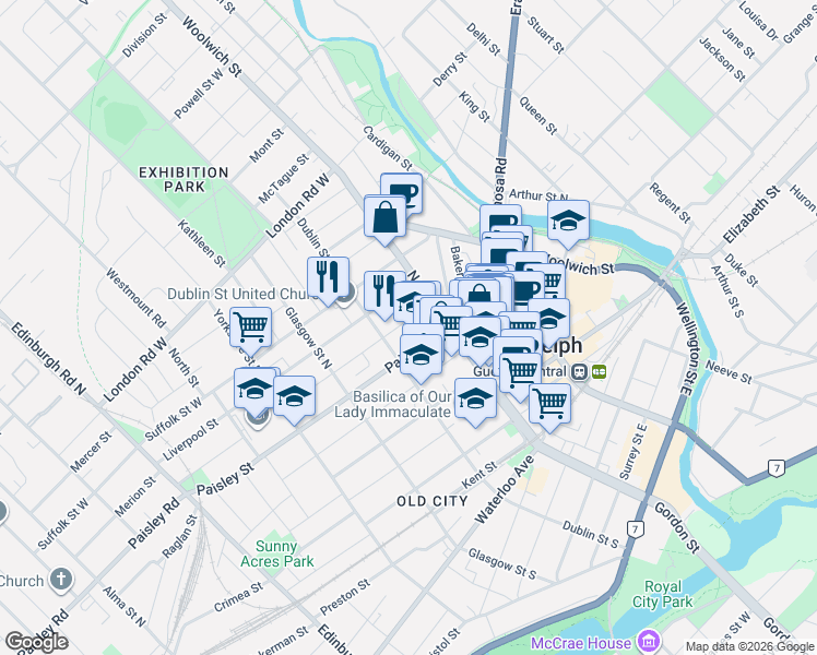 map of restaurants, bars, coffee shops, grocery stores, and more near 133 Dublin Street North in Guelph
