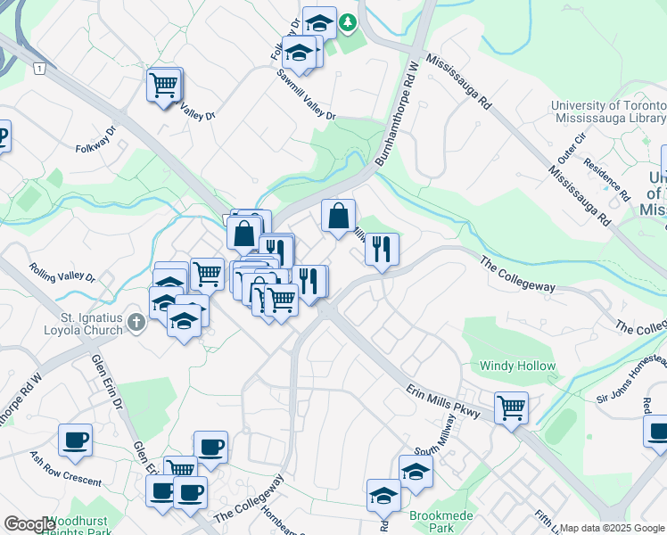 map of restaurants, bars, coffee shops, grocery stores, and more near 2079 The Collegeway in Mississauga