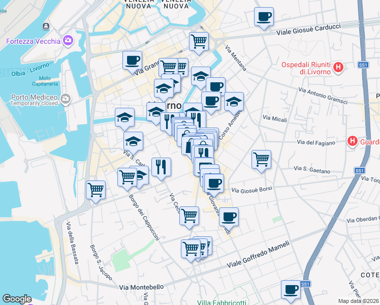 map of restaurants, bars, coffee shops, grocery stores, and more near 44 Via Enrico Mayer in Livorno