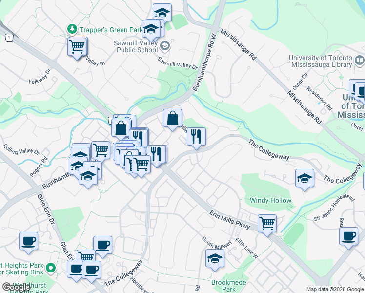 map of restaurants, bars, coffee shops, grocery stores, and more near 3460 South Millway in Mississauga