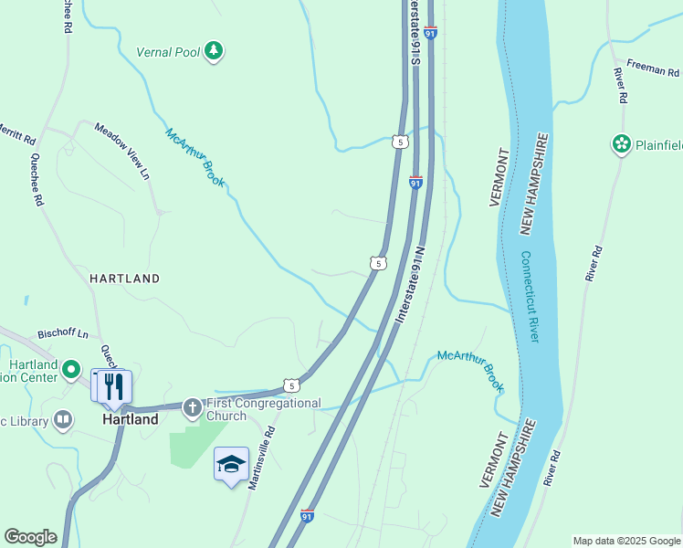 map of restaurants, bars, coffee shops, grocery stores, and more near 227 U.S. 5 in Hartland