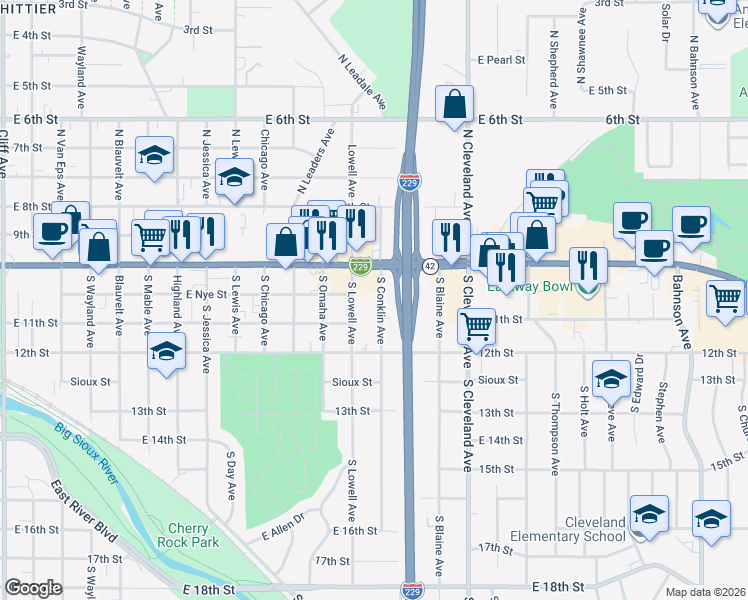 map of restaurants, bars, coffee shops, grocery stores, and more near 308 South Lowell Avenue in Sioux Falls
