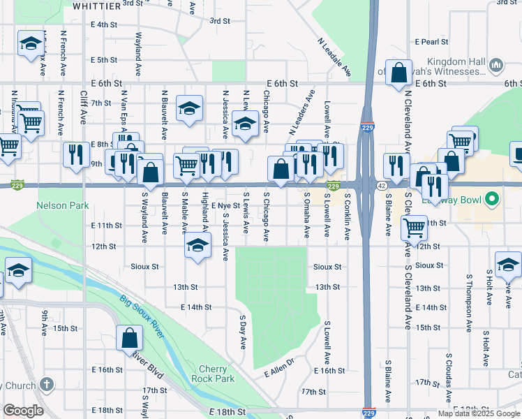 map of restaurants, bars, coffee shops, grocery stores, and more near 331 South Chicago Avenue in Sioux Falls