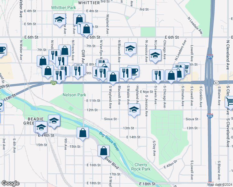 map of restaurants, bars, coffee shops, grocery stores, and more near 327 South Blauvelt Avenue in Sioux Falls