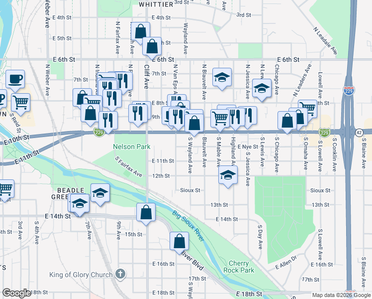 map of restaurants, bars, coffee shops, grocery stores, and more near 317 South Wayland Avenue in Sioux Falls