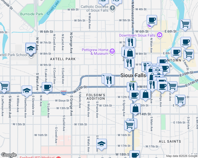 map of restaurants, bars, coffee shops, grocery stores, and more near 716 West 11th Street in Sioux Falls