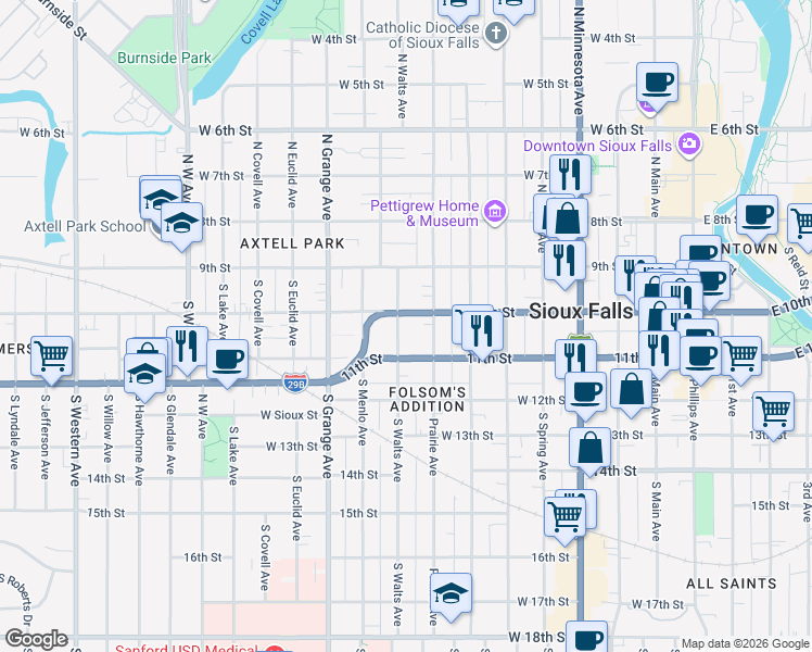 map of restaurants, bars, coffee shops, grocery stores, and more near 818 West 11th Street in Sioux Falls