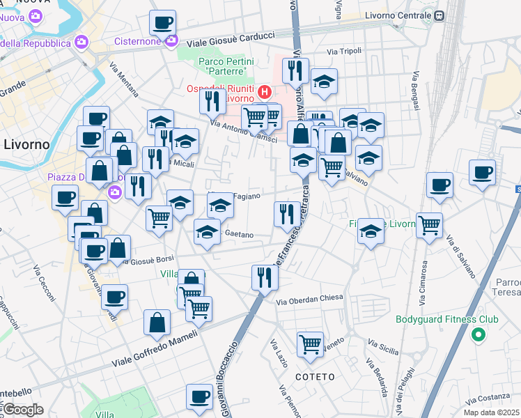 map of restaurants, bars, coffee shops, grocery stores, and more near 10 Via Ernesto Manasse in Livorno