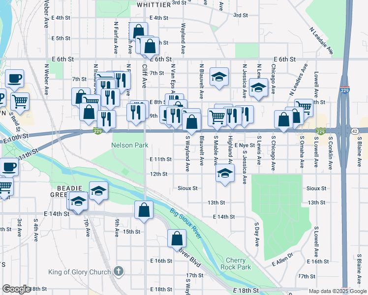 map of restaurants, bars, coffee shops, grocery stores, and more near 317 South Wayland Avenue in Sioux Falls