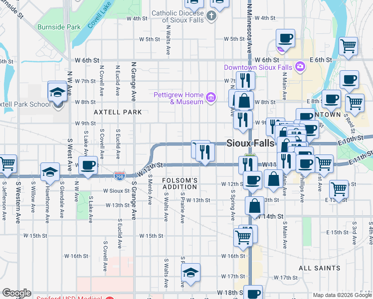 map of restaurants, bars, coffee shops, grocery stores, and more near 716 West 11th Street in Sioux Falls