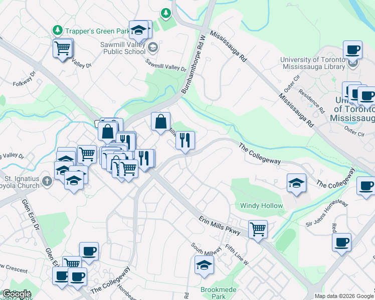 map of restaurants, bars, coffee shops, grocery stores, and more near 3361 Sanderling Crescent in Mississauga