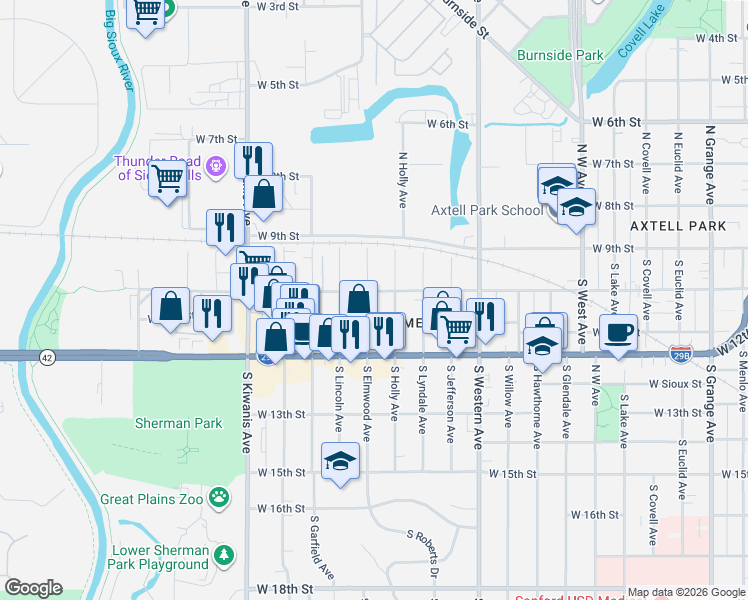 map of restaurants, bars, coffee shops, grocery stores, and more near 230 South Elmwood Avenue in Sioux Falls