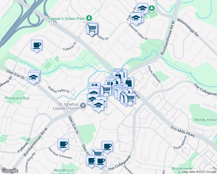 map of restaurants, bars, coffee shops, grocery stores, and more near 2177 Burnhamthorpe Road West in Mississauga