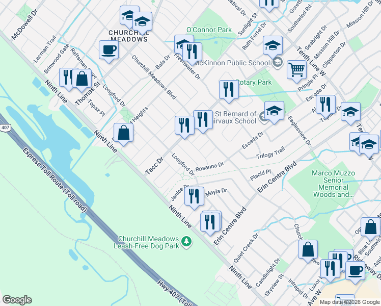 map of restaurants, bars, coffee shops, grocery stores, and more near 5416 Rochelle Way in Mississauga