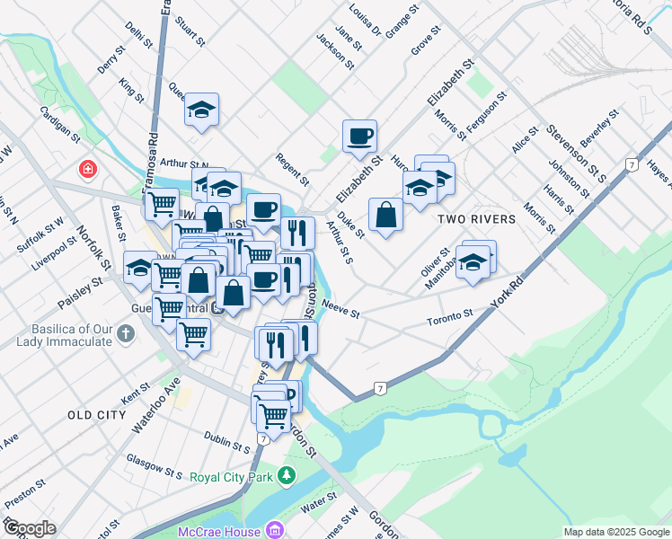 map of restaurants, bars, coffee shops, grocery stores, and more near 13 Arthur Street South in Guelph