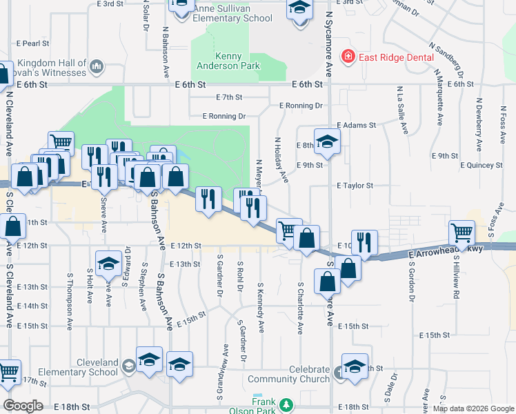map of restaurants, bars, coffee shops, grocery stores, and more near 4001-4005 E 10th St in Sioux Falls