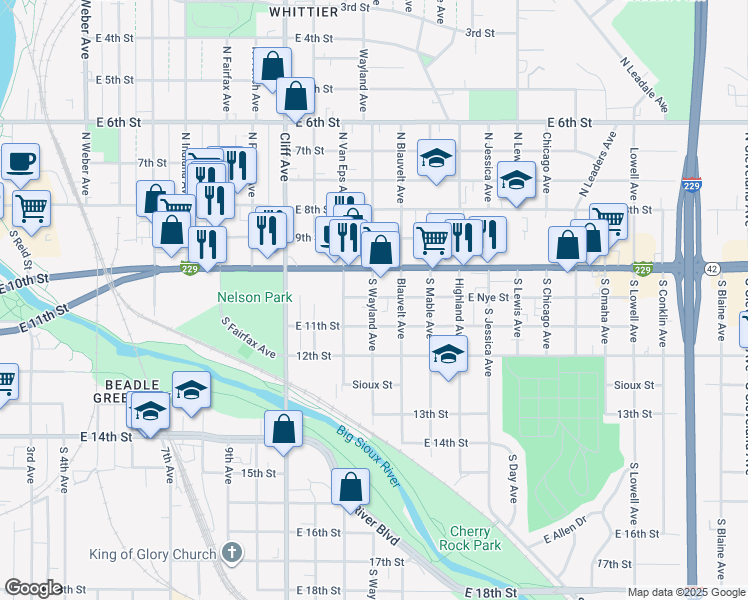 map of restaurants, bars, coffee shops, grocery stores, and more near 317 South Wayland Avenue in Sioux Falls