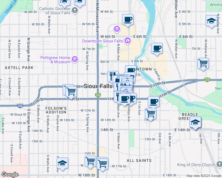 map of restaurants, bars, coffee shops, grocery stores, and more near 235 West 10th Street in Sioux Falls