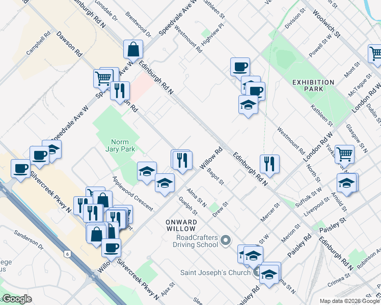 map of restaurants, bars, coffee shops, grocery stores, and more near 33 Dawson Road in Guelph