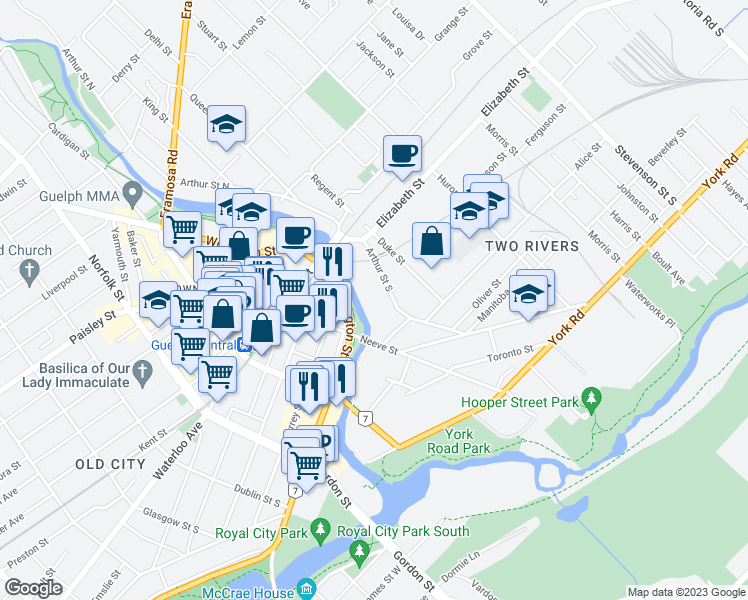 map of restaurants, bars, coffee shops, grocery stores, and more near 63 Arthur Street South in Guelph