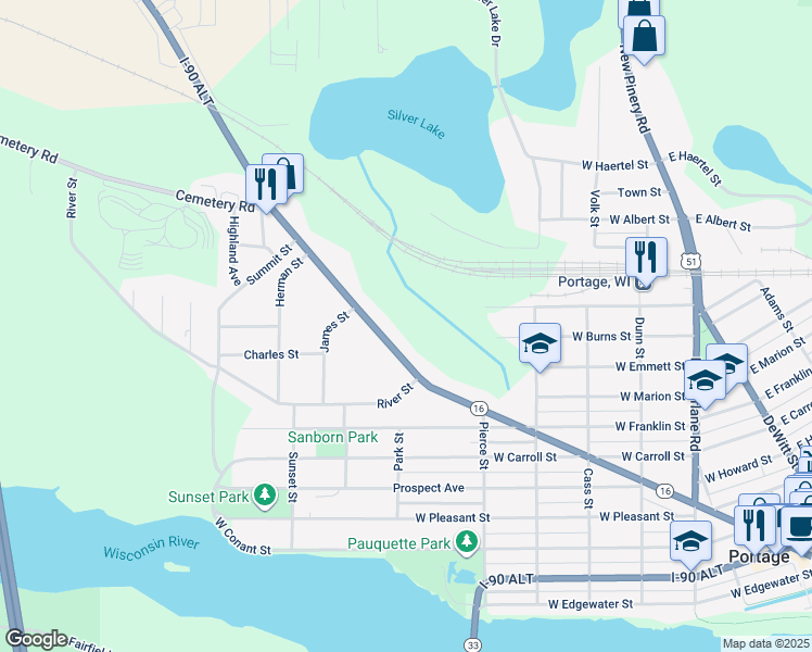 map of restaurants, bars, coffee shops, grocery stores, and more near 1031 West Wisconsin Street in Portage