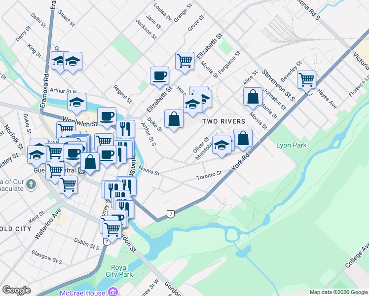 map of restaurants, bars, coffee shops, grocery stores, and more near 31 Alice Street in Guelph