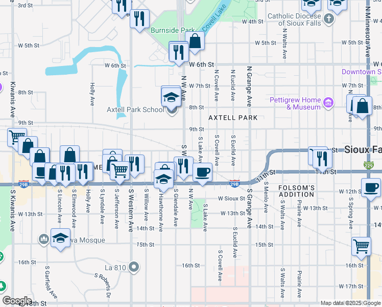 map of restaurants, bars, coffee shops, grocery stores, and more near 115 South Lake Avenue in Sioux Falls