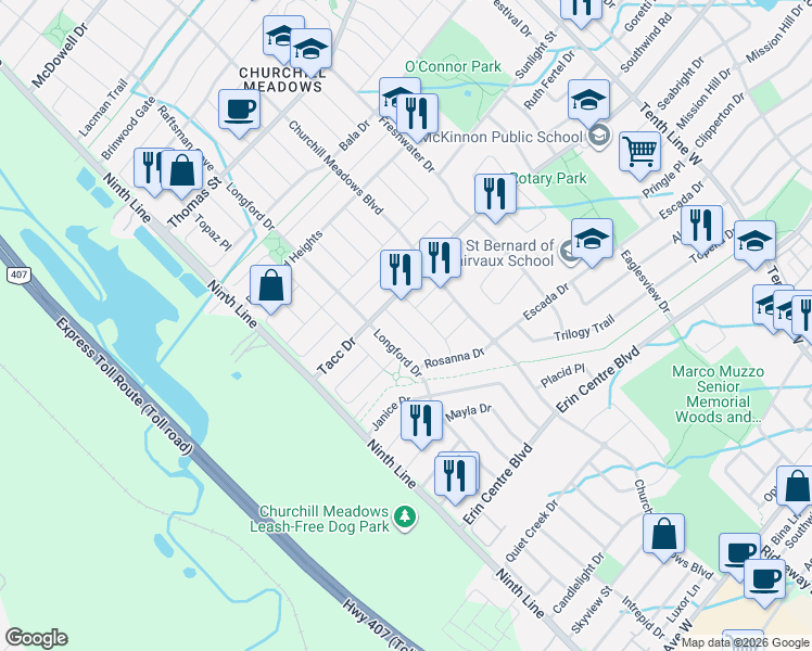 map of restaurants, bars, coffee shops, grocery stores, and more near 5449 Rochelle Way in Mississauga