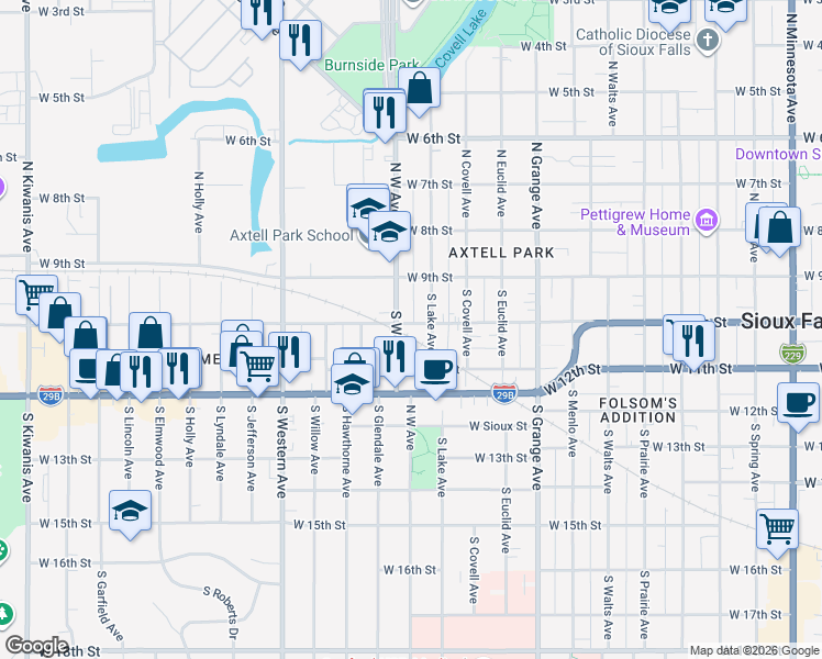 map of restaurants, bars, coffee shops, grocery stores, and more near 115 South Lake Avenue in Sioux Falls