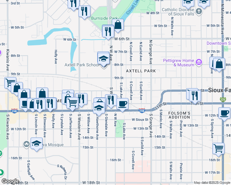 map of restaurants, bars, coffee shops, grocery stores, and more near 1417 West 10th Street in Sioux Falls