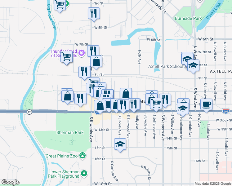 map of restaurants, bars, coffee shops, grocery stores, and more near 201 South Lincoln Avenue in Sioux Falls