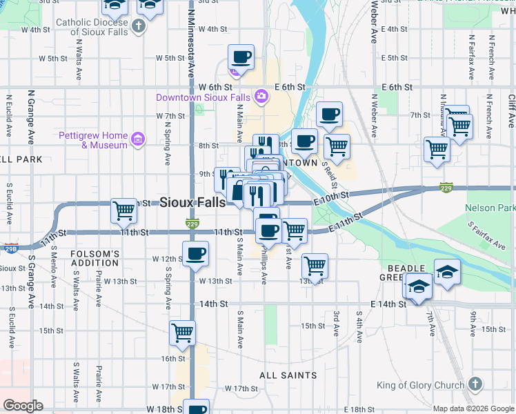map of restaurants, bars, coffee shops, grocery stores, and more near in Sioux Falls
