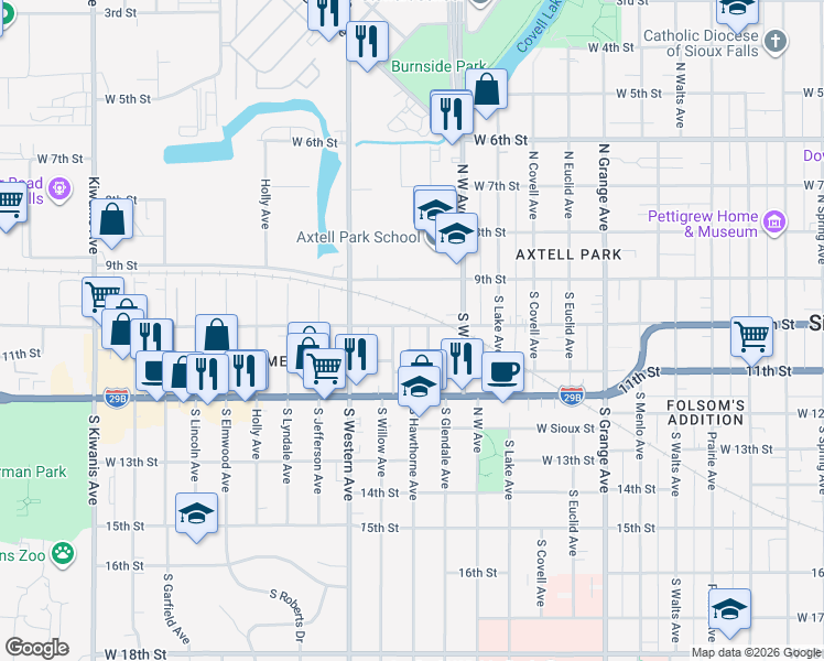 map of restaurants, bars, coffee shops, grocery stores, and more near 1510 West 10th Street in Sioux Falls