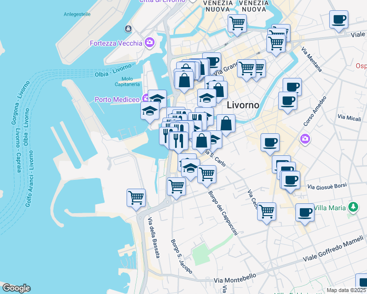map of restaurants, bars, coffee shops, grocery stores, and more near 18 Piazza la Giovine Italia in Livorno