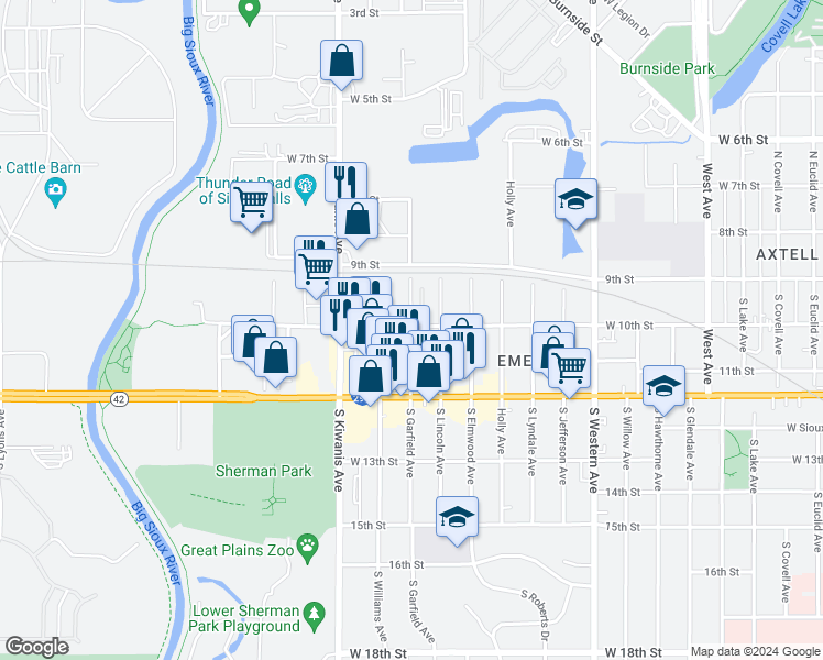 map of restaurants, bars, coffee shops, grocery stores, and more near 207 South Garfield Avenue in Sioux Falls
