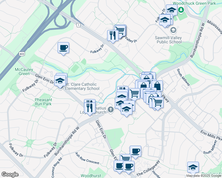map of restaurants, bars, coffee shops, grocery stores, and more near 3952 Rolling Valley Drive in Mississauga
