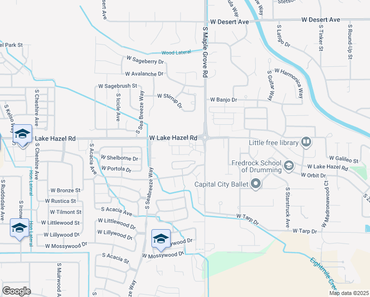 map of restaurants, bars, coffee shops, grocery stores, and more near 9159 West Lake Hazel Road in Boise