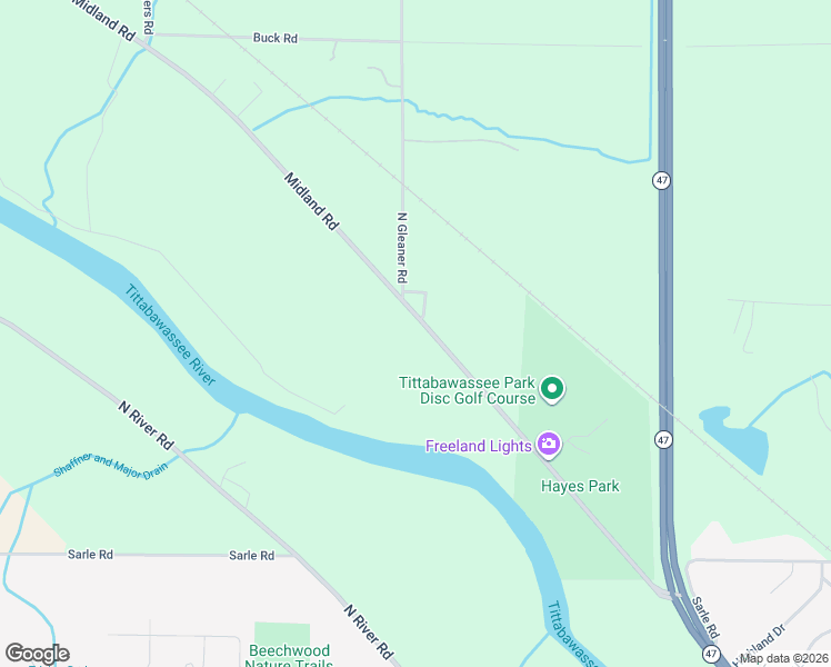 map of restaurants, bars, coffee shops, grocery stores, and more near 9485 Midland Road in Freeland