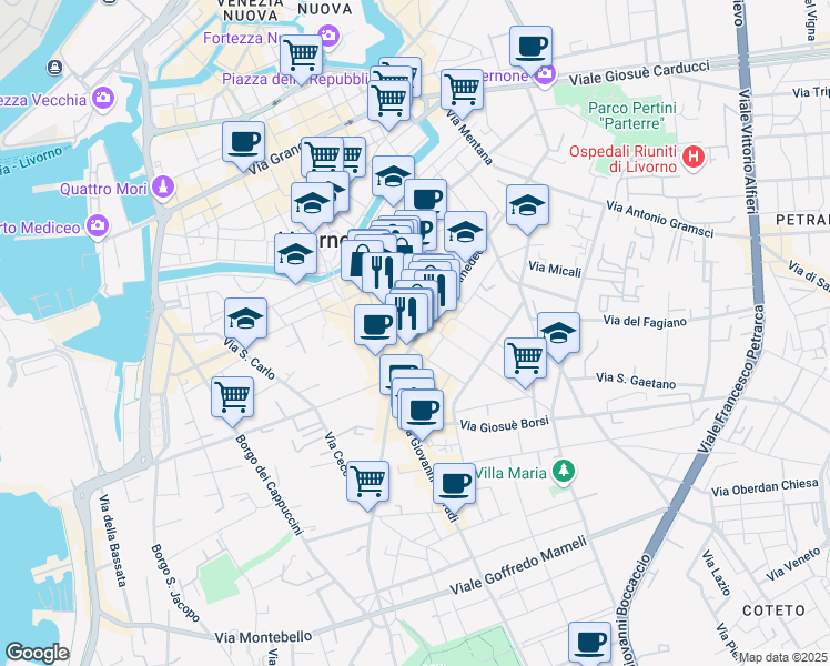 map of restaurants, bars, coffee shops, grocery stores, and more near 74 Via Magenta in Livorno