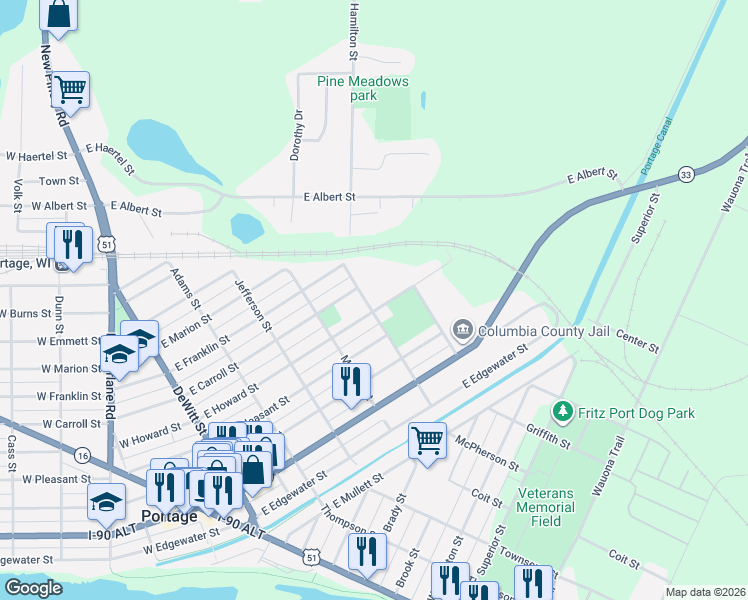 map of restaurants, bars, coffee shops, grocery stores, and more near 701 Hamilton Street in Portage