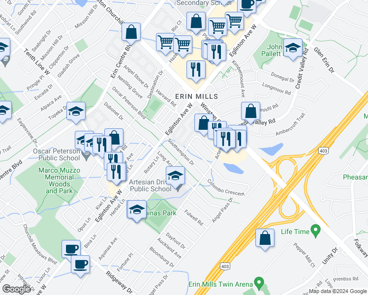 map of restaurants, bars, coffee shops, grocery stores, and more near in Mississauga
